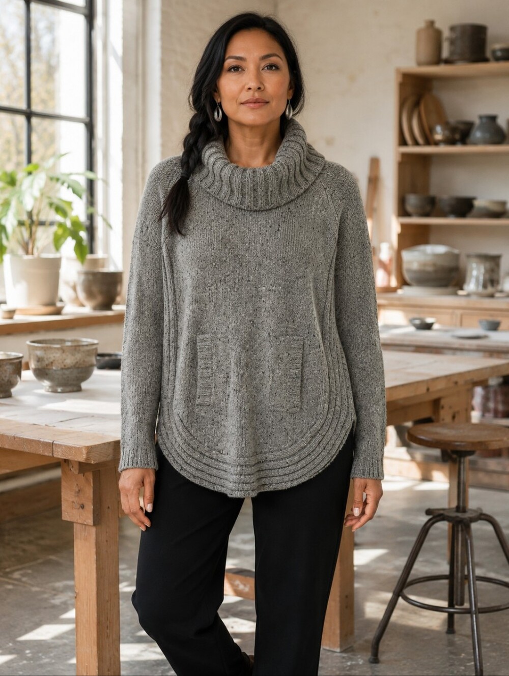 Cynthia Rowley Grey Wool Blend Cowl Neck Curved Hem Sweater M